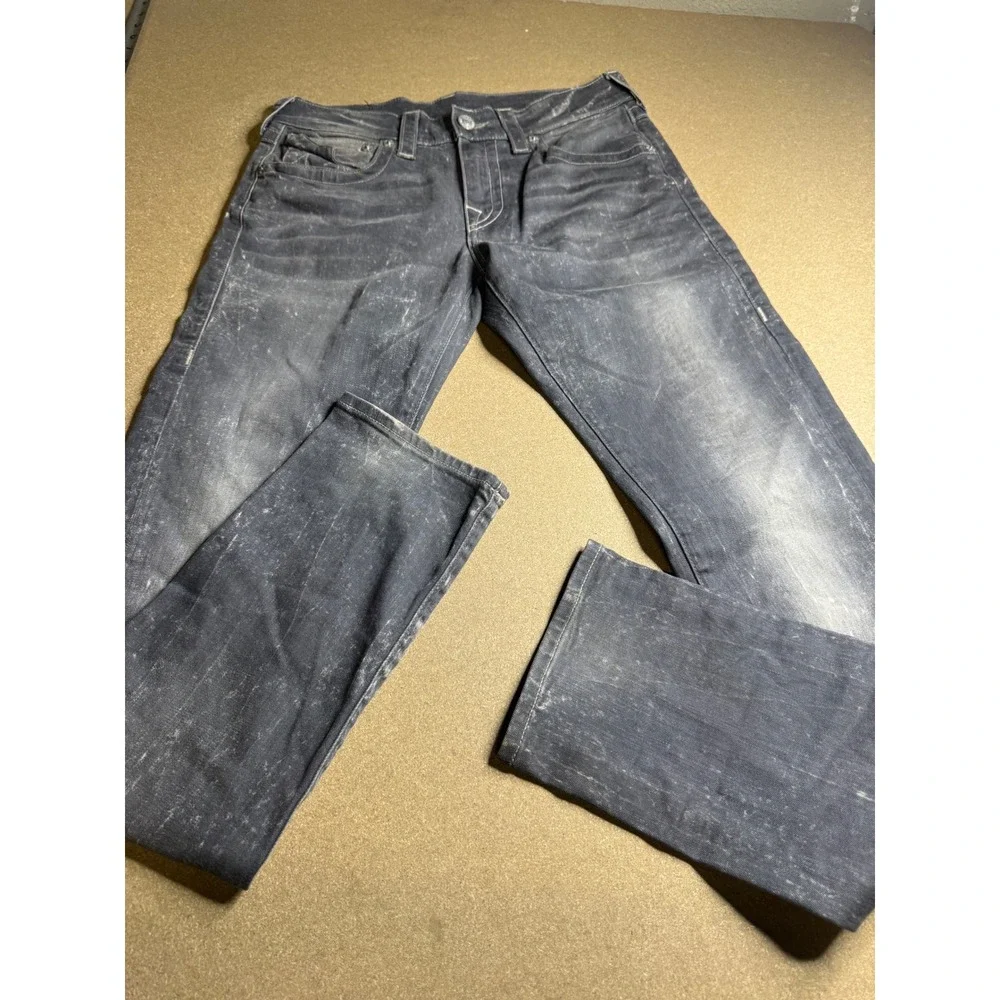 True Religion Geno Relaxed Slim Jeans Mens 29 Grey Acid Wash Flap Pocket Denim